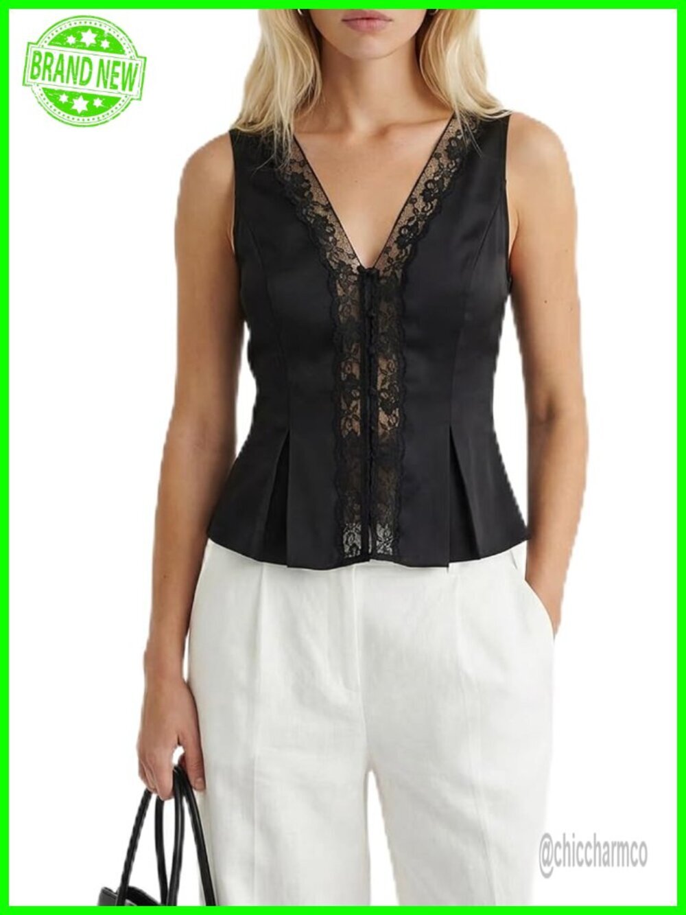 Sleeveless V Neck Satin Blouse with Lace Panel and Tie Back
